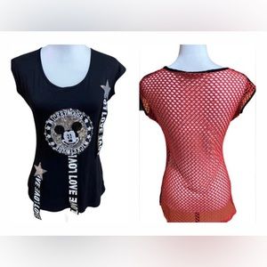 Mickey Mouse women’s black sequin, ribboned sleeveless red netted-back top tunic